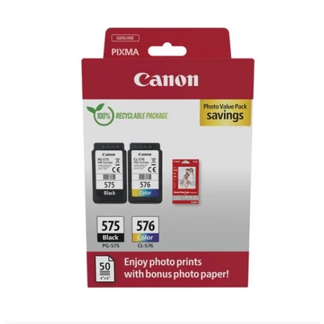 Canon PG-575/CL-576 (5,6ml BK+6,2ml CMY) eredeti 2db-os tintapatron multipack + Fotópapír
